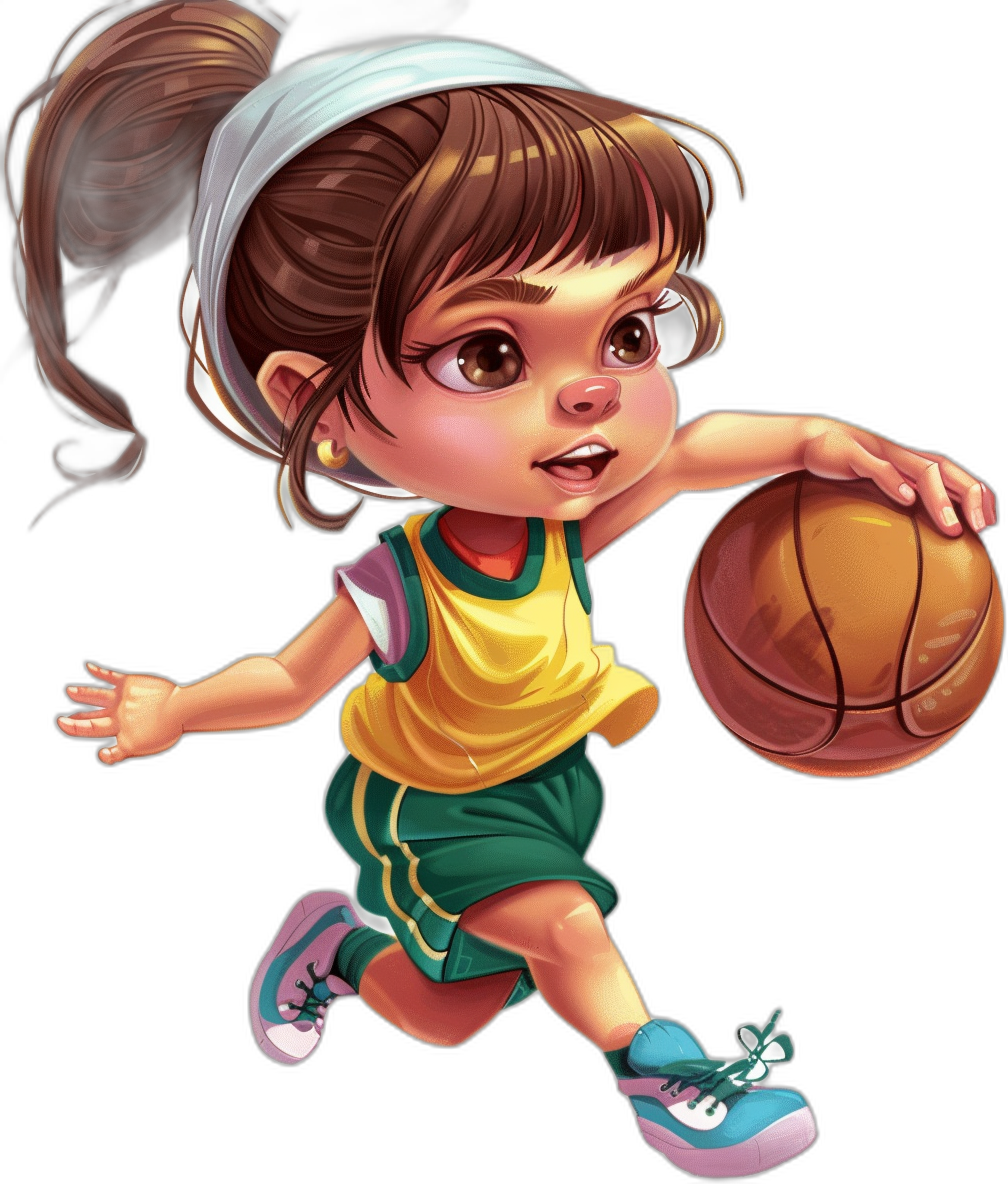 A cute little girl playing basketball in the style of Disney. The cartoon character design shows her full body with a solid black background. She is wearing a green and yellow uniform with a white headband on her forehead. Her brown hair is in pigtails and she has blue shoes. She is dribbling the ball. She has big eyes with a happy expression. The image is high quality, colorful, and high resolution with detailed artwork.