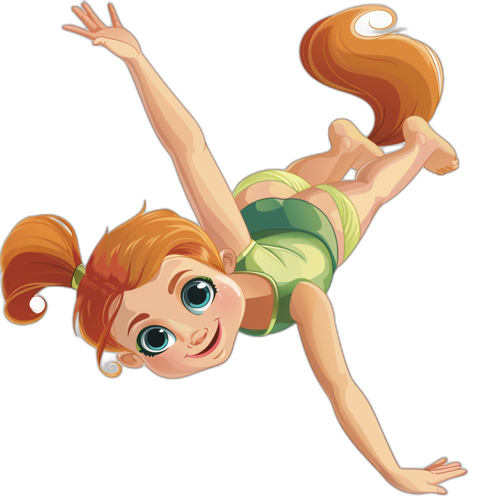 Cute cartoon girl character in a gymnastics outfit, flying high with her legs together on a black background, vector illustration, in the style of Disney, in the style of Pixar animation, cute and adorable. She has red hair tied into pigtails. Her eyes have big blue pupils and she is smiling. The colors of the  should be a bright green top and light brown shorts.