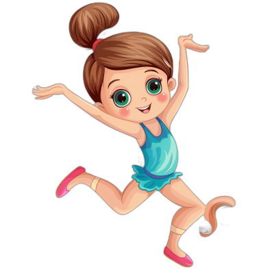 Cute cartoon girl in gymnastics outfit, vector illustration on black background. Cartoon young female character with brown hair and big green eyes jumping up high, wearing blue dress, pink shoes, cheerful expression. Young smiling child dancing ballet or performing sport movement for children's book design