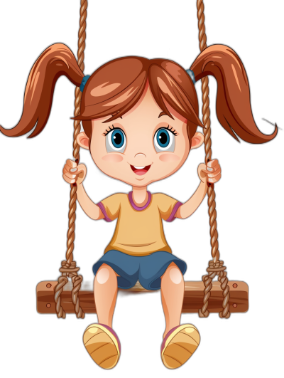 A cute cartoon girl sitting on the swing, vector illustration with black background. She has brown hair in pigtails and is wearing blue shorts. The eyes of both girls have white pupils and she wears a yellow t-shirt. Her hands hold onto two ropes hanging from each end of her seat. A simple yet charming depiction of an adorable little child enjoying playing on the wooden toy carousel. The illustration is in the style of focus stacking, flat design with a high resolution, no shadows, 2D, simple shapes, vector graphics, no gradients.