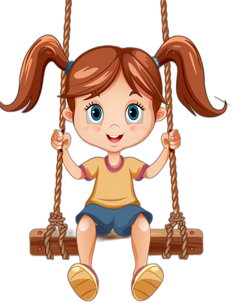 A cute cartoon girl sitting on the swing, vector illustration with black background. She has brown hair in pigtails and is wearing blue shorts. The eyes of both girls have white pupils and she wears a yellow t-shirt. Her hands hold onto two ropes hanging from each end of her seat. A simple yet charming depiction of an adorable little child enjoying playing on the wooden toy carousel. The illustration is in the style of focus stacking, flat design with a high resolution, no shadows, 2D, simple shapes, vector graphics, no gradients.