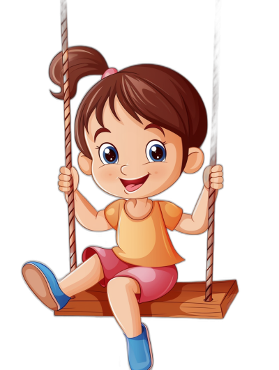 A cute cartoon girl is sitting on the swing, smiling happily. The illustration is in the vector style with a black background. She has short brown hair and blue eyes. Wearing an orange shirt, pink shorts, white socks, and dark red shoes. Her hands hang down from behind her head to hold onto both sides of the rope. The swing hangs at about one third above the ground level. High resolution detail in the style.