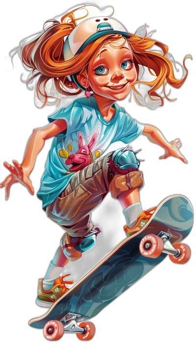 A little girl with red hair and blue eyes is riding on her skateboard. She has an adorable smile, wearing shorts, sneakers, a headband hat in a skater style with light colors. She's flying through the air in a cartoon character design in the style of [Brian Kesinger](https://goo.gl/search?artist%20Brian%20Kesinger) against a black background. It is an ultra detailed, hyper realistic illustration.