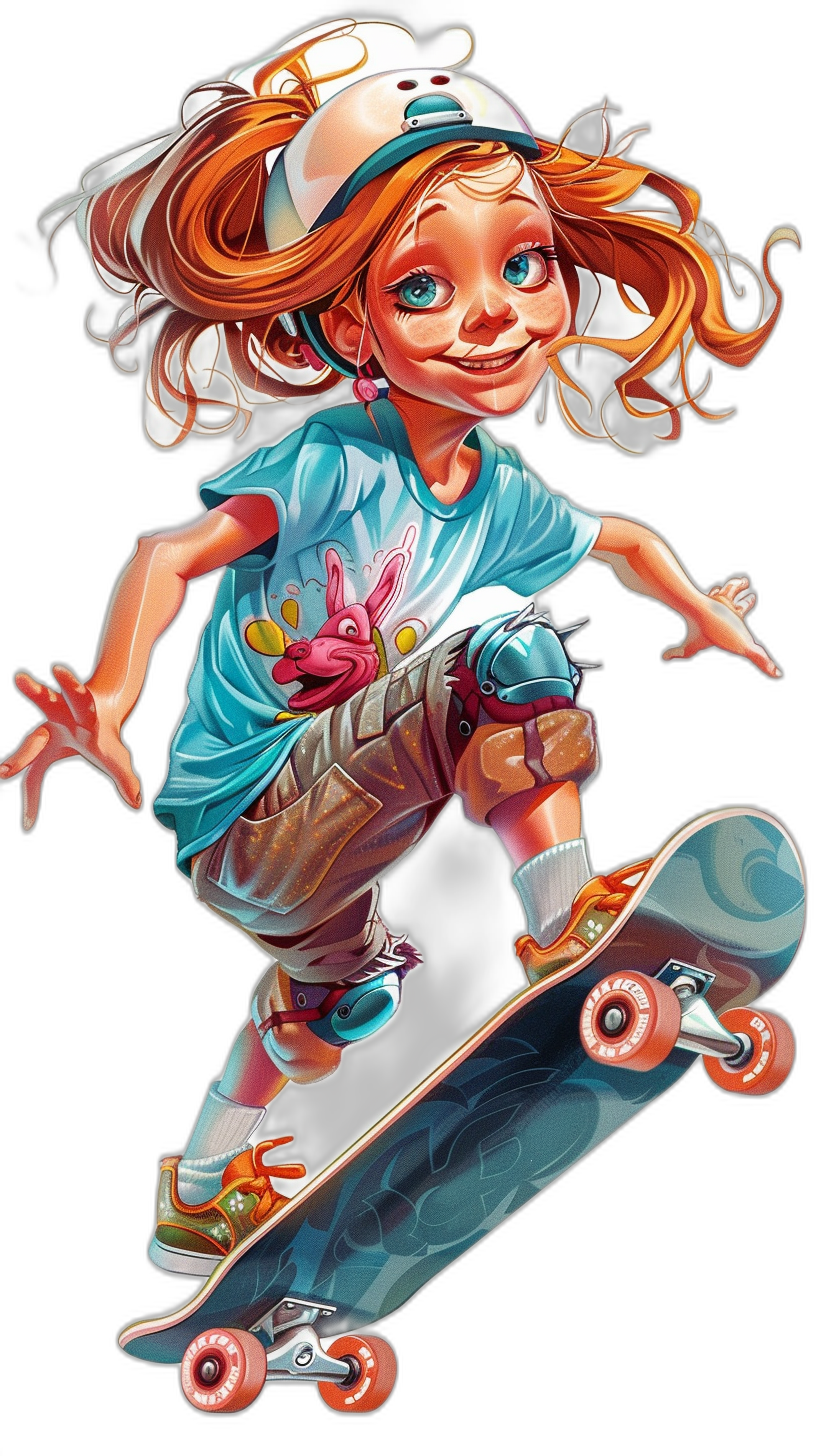 A little girl with red hair and blue eyes is riding on her skateboard. She has an adorable smile, wearing shorts, sneakers, a headband hat in a skater style with light colors. She’s flying through the air in a cartoon character design in the style of [Brian Kesinger](https://goo.gl/search?artist%20Brian%20Kesinger) against a black background. It is an ultra detailed, hyper realistic illustration.