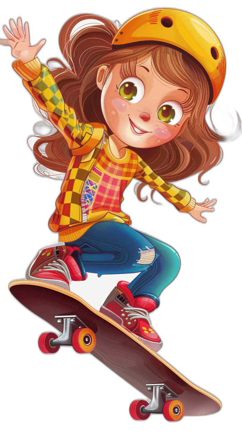 A cartoon girl with brown hair and big eyes is skateboarding, wearing a plaid shirt and yellow helmet on her head, against a black background, in a full body shot, with high resolution, vector lines, in the style of Disney Pixar animation, graffiti art in the shape of a cute character design, with colorful costumes, a cute cartoon illustration, with high detail, like 2D game art, in a poster composition, with a white border background