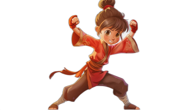 A young girl character in red and orange martial arts attire is depicted doing kung fu moves with one hand raised high. She has short brown hair tied into two buns on the top of her head. The background is black, and she stands against it. In the style of Pixar, this is a full body portrait cartoon art with a black background.