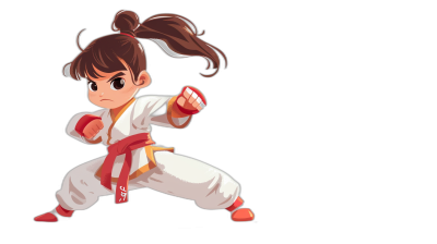 A little girl with brown hair in pigtails doing karate in the style of a cartoon, on a simple black background, as a vector illustration in the style of 2d game art. She wears a white pantsuit and red belt, striking a dynamic fighting pose from the side view at a high resolution, with no text or letters on the character.