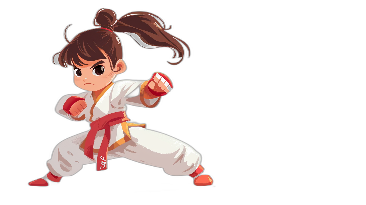 A little girl with brown hair in pigtails doing karate in the style of a cartoon, on a simple black background, as a vector illustration in the style of 2d game art. She wears a white pantsuit and red belt, striking a dynamic fighting pose from the side view at a high resolution, with no text or letters on the character.