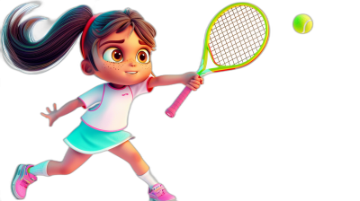 A young girl playing tennis in the style of Pixar animation against a black background in bright colors with a character design wearing a white and pink skirt and green shoes holding a racket with her right hand hitting the ball with big eyes and long hair in a ponytail. Disney style with Pixar character designs.