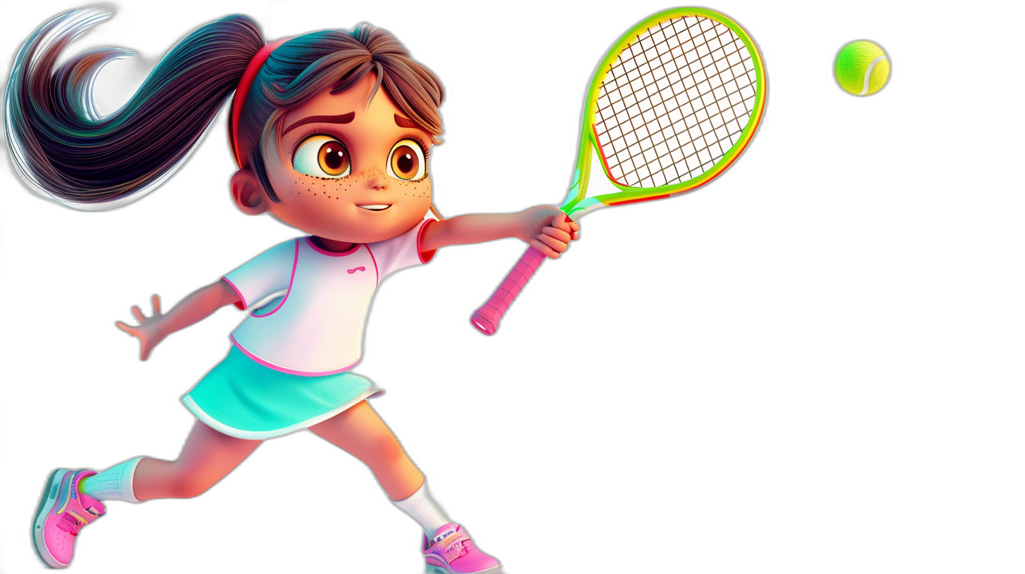 A young girl playing tennis in the style of Pixar animation against a black background in bright colors with a character design wearing a white and pink skirt and green shoes holding a racket with her right hand hitting the ball with big eyes and long hair in a ponytail. Disney style with Pixar character designs.