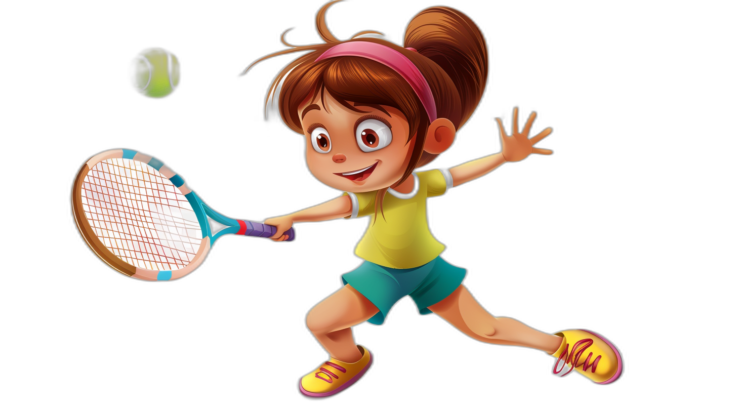 cartoon girl playing tennis, in the style of cartoon style, black background, children’s book illustration, full body