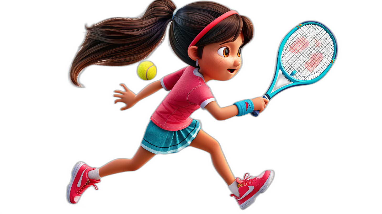 A girl playing tennis, Pixar style cartoon character, black background, 3d render, wearing pink shirt and blue skirt with red shoes, holding racket in right hand hitting the ball to left side of screen. She has long brown hair tied into ponytail with bangs and wears glasses on her head. Her eyes have thick eyeliner and she is smiling. The light source comes from front left direction