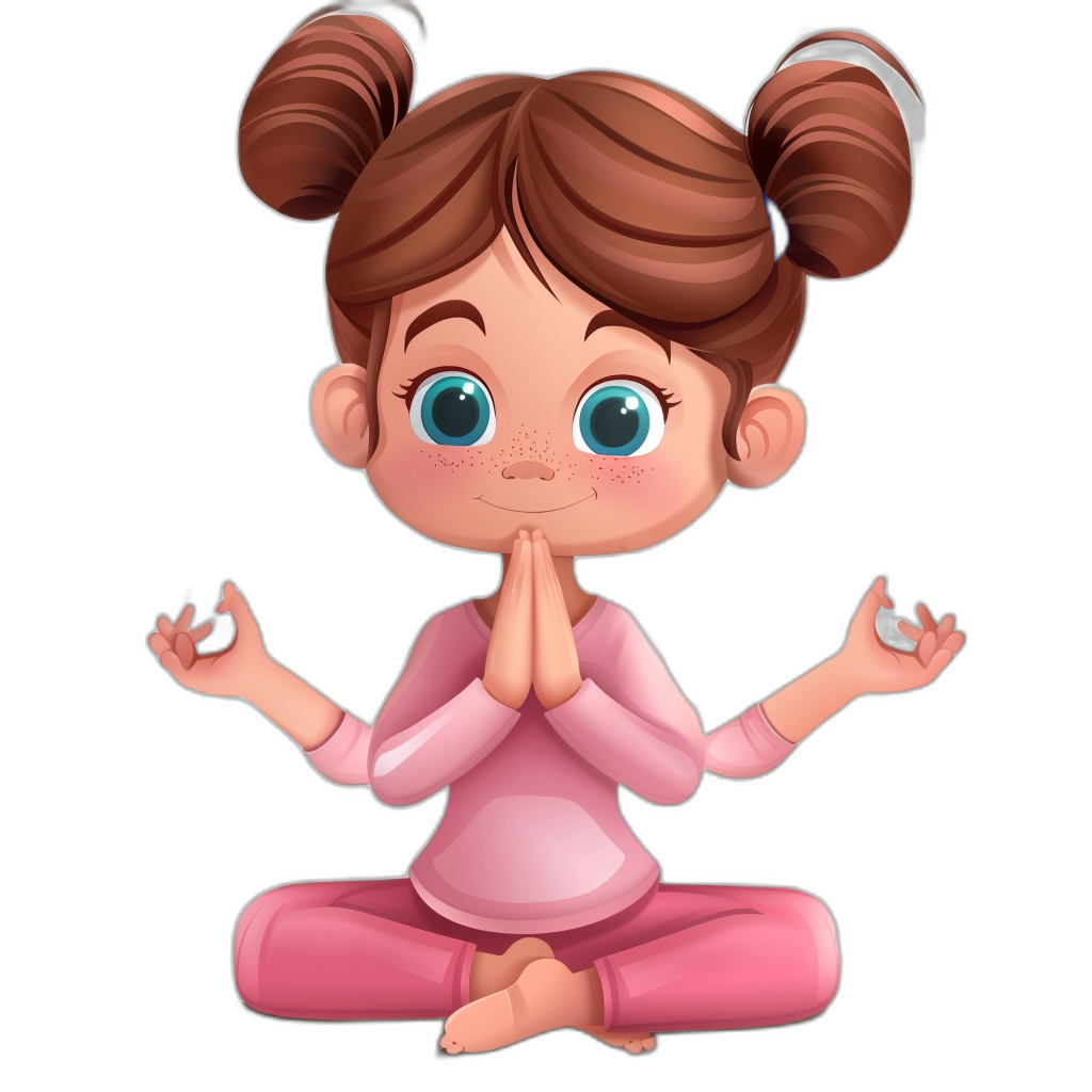 A cute little girl in pink yoga is doing meditation in the style of cartoon with simple shapes and black background, in the style of Disney Pixar with character design, bright colors, cute eyes, smiling face, brown hair in two buns on the head, hands folded at her chest for prayer, sitting in a crosslegged pose of meditating, full body portrait, simple vector illustration.