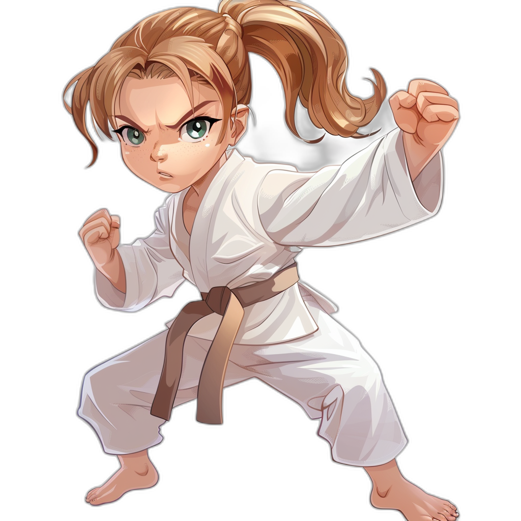 Combining the art style of anime and chibi, with strong colors, in the style of white karate outfit with brown belt doing a fighting pose. She has green eyes and blonde hair tied into a ponytail, on a black background, in a digital cartoon style.