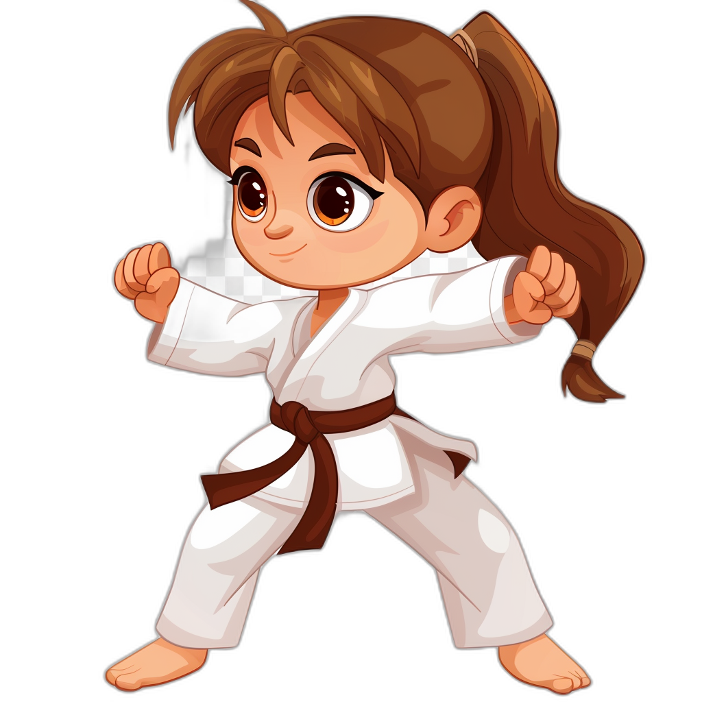 cartoon chibi style girl doing karate in the style of white and brown outfit, vector art on black background