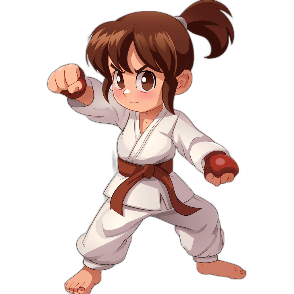 tshirt design, girl with brown hair in a ponytail doing a karate kick pose wearing a white gi and red belt, black background, in the style of chibi anime.