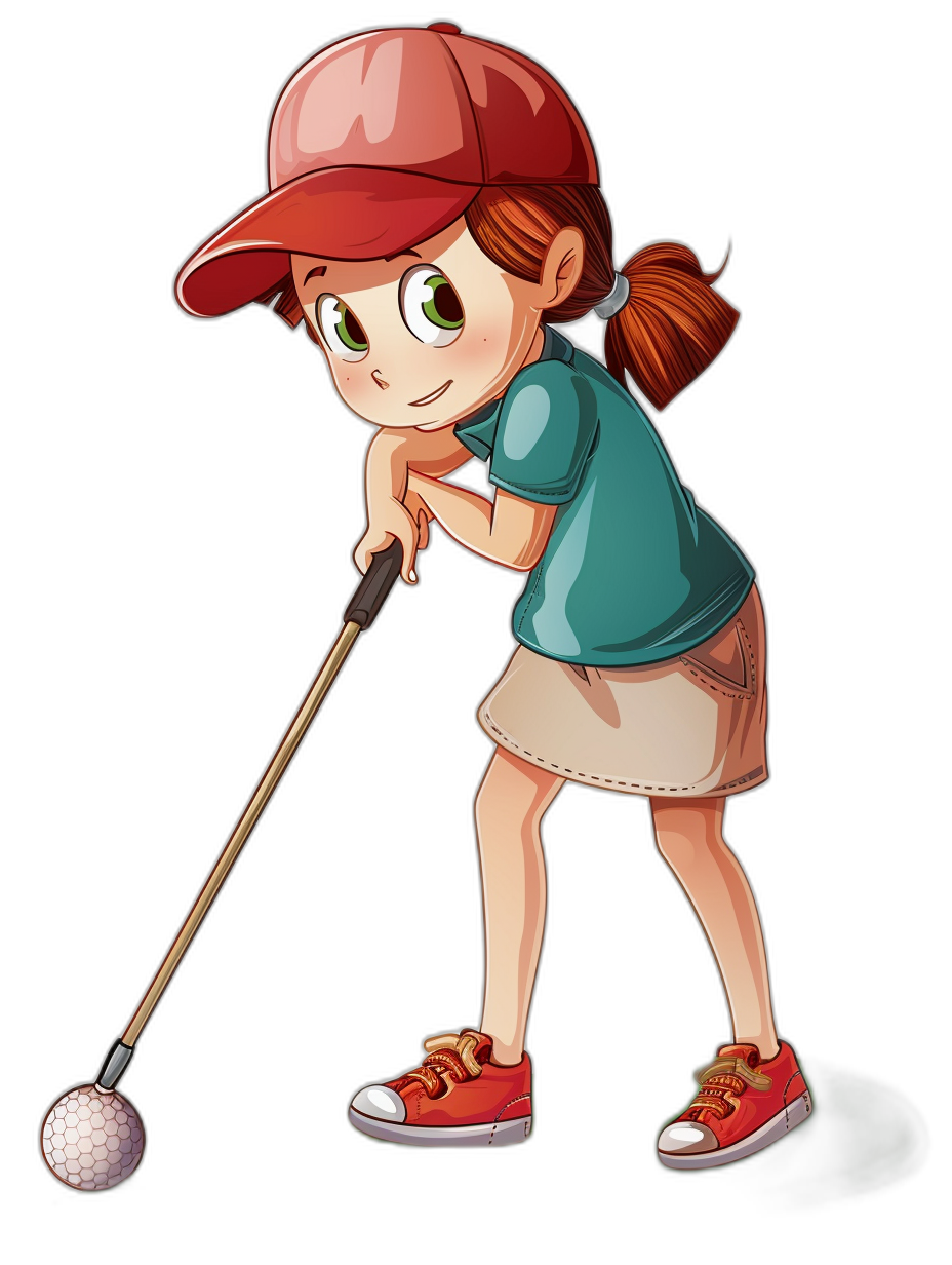 a cartoon style of young girl playing golf, wearing red shoes and cap with green t shirt, black background, full body shot