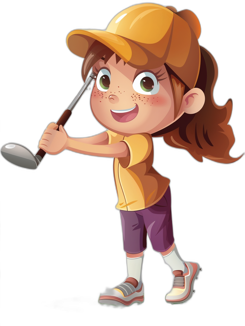 A young girl playing golf in a cartoon style with simple lines and a solid color background. She has a cute expression with brown hair wearing a cap, yellow shirt, purple pants, white socks and sneakers. She is holding a club in her hand and has a smiling face. The background is black and isolated with bright lighting. It is a digital art graphic design and vector illustration of professional quality. It uses vector graphics with no text or other elements on the black background. The object is isolated.