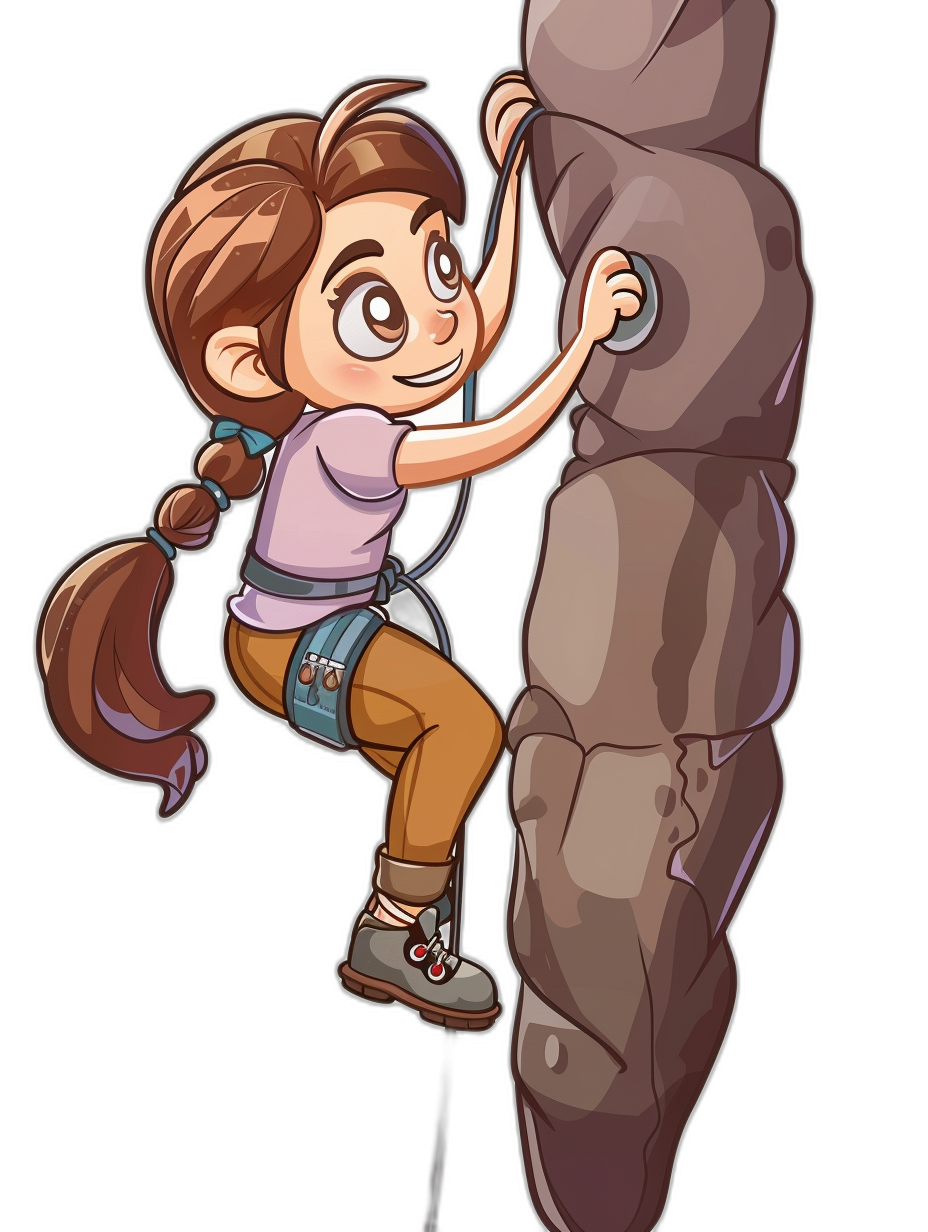 A cartoon girl climbing rock wall, vector illustration for game character with black background. A young woman in sportswear is climbing the cliff on her hands and feet, smiling happily. She wears brown pants and pink shirt. Her hair has two braids tied into pigtails. The style of chibi characters should be similar to Pixar or Disney.