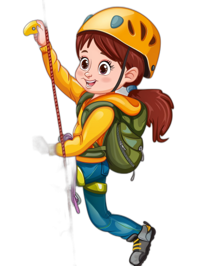 A cartoon girl is climbing in an adventure park, dressed as if she is going on a holiday with a backpack and helmet hanging over her shoulder. She is holding the rope to climb up the wall in the style of clip art with a plain black background and no shadow around the character.