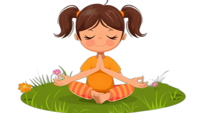 A cute little girl meditating on the grass, in a cartoon style vector illustration with a black background. She has pigtails and is wearing an orange striped shirt and pants, with flowers around her feet. Her hands form a praying hand pose in front of her chest. The colors used should be vibrant, playful, and suitable for children's book illustrations. It’s important to capture her cheerful demeanor and create an overall positive atmosphere. Cartoon Style Vector Illustration with a Black Background