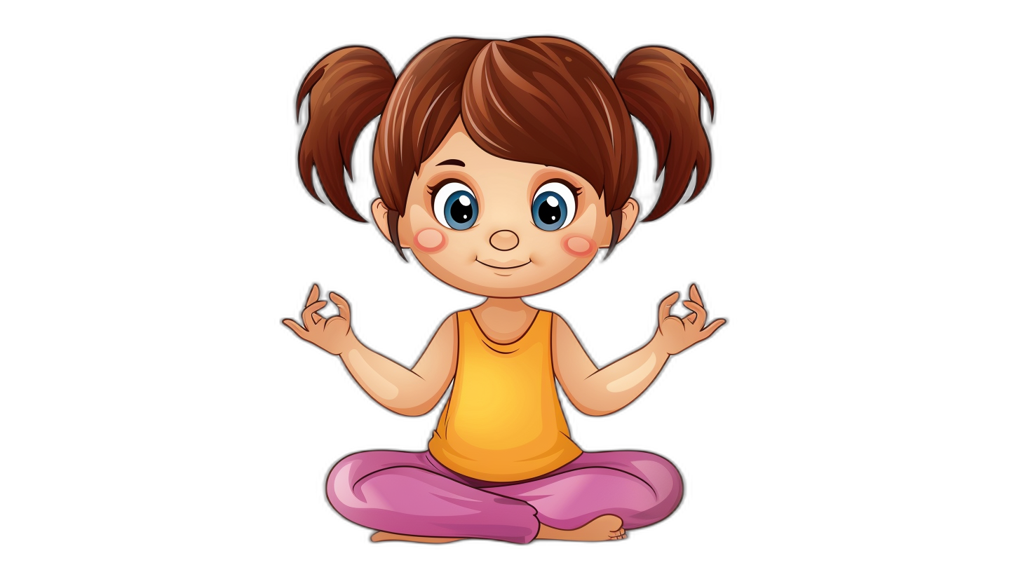 Cute cartoon girl doing yoga, sitting cross-legged with pigtails and big eyes on an isolated black background in the style of a vector illustration logo design.