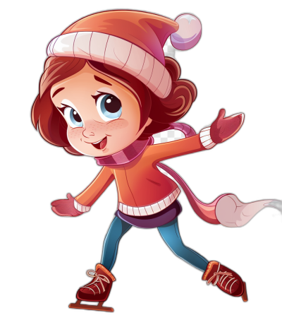 A cute cartoon girl ice skating in the style of clip art, in the style of isolated on a black background, high resolution vector