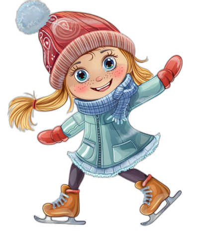 A cute little girl ice skating in the style of clip art, cartoon style with color and texture details, isolated on a black background