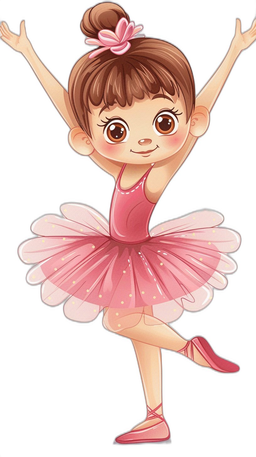 Cute little girl in a pink tutu dancing ballet against a black background. The illustration is in the style of a vector style with flat and simple lines and details. It has high definition, resolution, and detail with the best color and renderings.