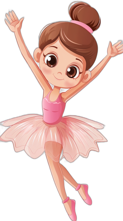 Cartoon ballerina clip art, flat vector illustration with a black background. The little girl is wearing a pink tutu skirt and ballet shoes. She has big eyes and brown hair in pigtails. Her hands should be raised to the side of her head like she's dancing, with one leg lifted high behind herself. This design could convey an aura of grace or elegance when used on various products such as t-shirts, mugs, posters, etc. in the style of various artists.