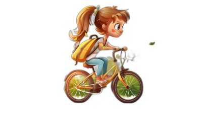 A cute girl riding an electric bike in the style of cartoon, black background, high resolution, clear and detailed. The character is wearing casual  with ponytails in her hair. She has a yellow backpack on the back of the bicycle. A small green leaf flies out from behind it. In front view. Full body portrait. Pixar style.