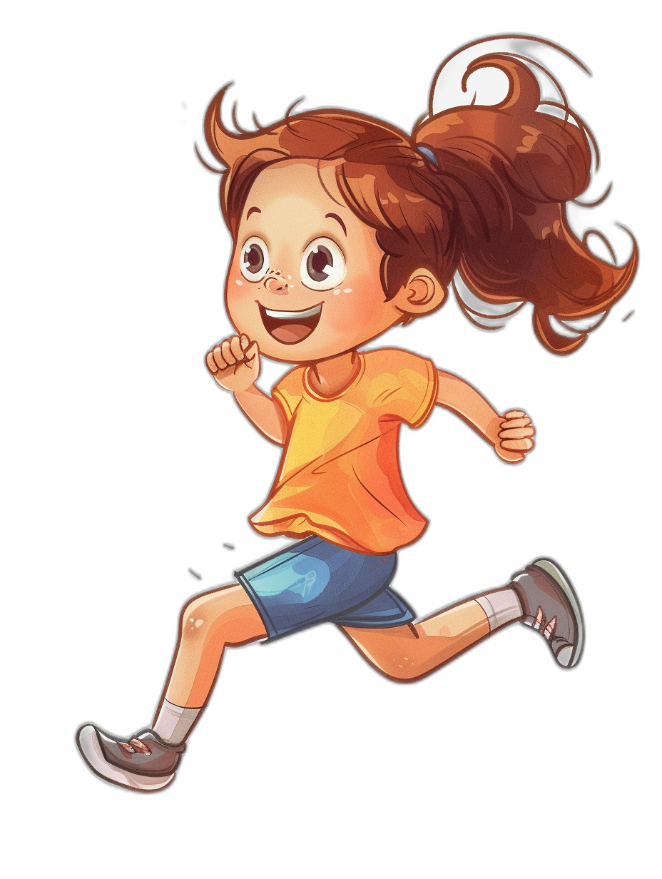 A cute little girl is running and smiling happily with brown hair and an orange t-shirt and blue shorts in the style of a cartoon. It is a vector illustration with a black background and shows her full body portrait with high definition details.