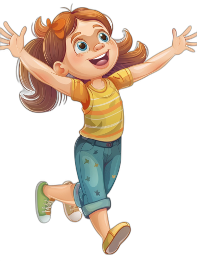 A cute cartoon girl is jumping up with her arms outstretched, smiling happily. She is wearing jeans and a yellow striped short sleeve shirt against a black background. The illustration is in the style of Pixar.