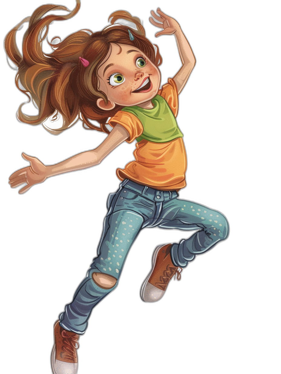 Illustration of a young girl jumping in the air, smiling and happy, with brown hair in pigtails, green eyes, wearing an orange t-shirt, blue jeans with white polka dots, and brown shoes, in the style of Disney Pixar, on a black background, as a full body portrait.