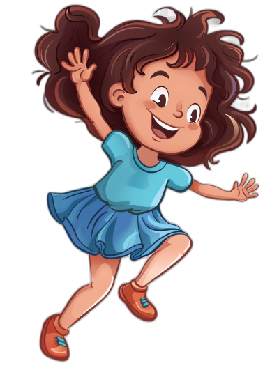 A cute girl in blue dress, brown curly hair and shoes jumping up with big smile cartoon style on black background