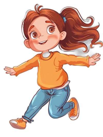 A cute little girl in the style of Pixar, with long brown hair and orange eyes is running. She has on blue jeans and an amber sweater. Black background. Cartoon illustration