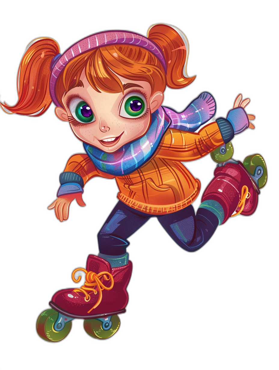 Cute cartoon girl on roller skates, green eyes, orange hair in pigtails, wearing an amber jacket with purple and blue stripes and scarf, dark background, sticker style, illustration for children’s book, in the style of Pixar, vector art, full body shot, no outline black border, high resolution, 2d game design, very detailed, high contrast, vibrant colors, bold lines, flat colors, simple shapes, isometric view, octane render.