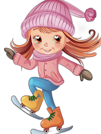 A cute little girl is ice skating, wearing a pink hat and scarf with her long hair blowing in the wind, blue jeans, and brown boots in the style of a clipart cartoon on a black background.