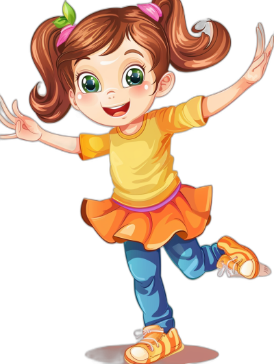 A cute cartoon girl in a yellow shirt, orange skirt and blue jeans is dancing with one hand raised, a happy expression on her face, green eyes, medium brown hair in pigtails, wearing sneakers, in the style of clipart style on an isolated black background.