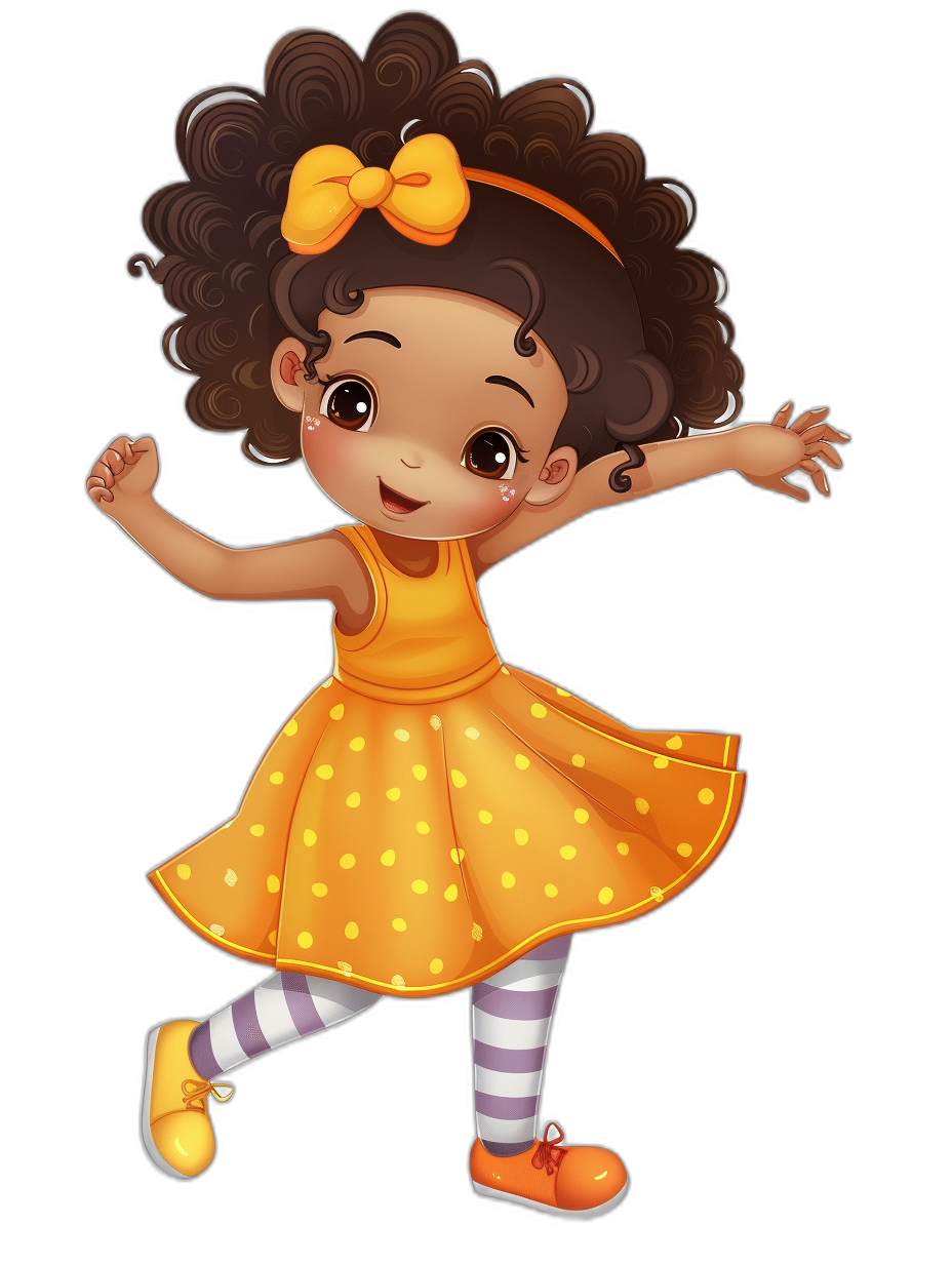 A cute, happy, smiling little black girl dressed in an orange dress with white polka dots and striped tights. She has curly hair and is wearing yellow shoes. She’s dancing in the style of cartoon, clip art for stickers, on a plain black background.