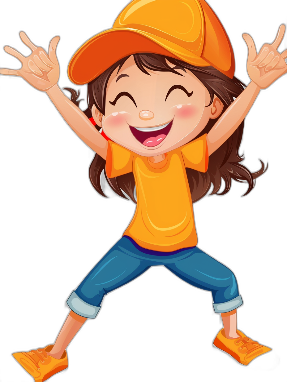 A happy girl in an orange shirt, blue jeans and a yellow cap with her hands up in the style of a clip art cartoon style vector illustration on a black background