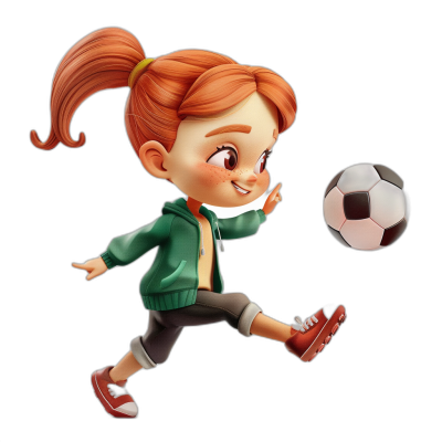 A redheaded girl playing soccer in the style of Pixar's character design. A cartoon 3D figure on a black background, she is cute, smiling and having fun. Wearing a green jacket with white stripes on the sleeves and with a short ponytail in her hair, red shoes on her feet.