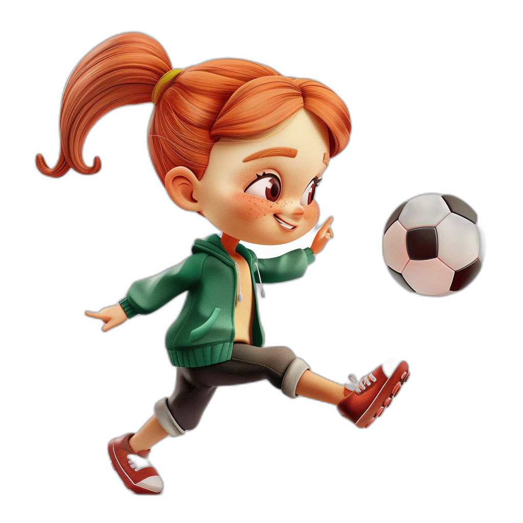 A redheaded girl playing soccer in the style of Pixar’s character design. A cartoon 3D figure on a black background, she is cute, smiling and having fun. Wearing a green jacket with white stripes on the sleeves and with a short ponytail in her hair, red shoes on her feet.