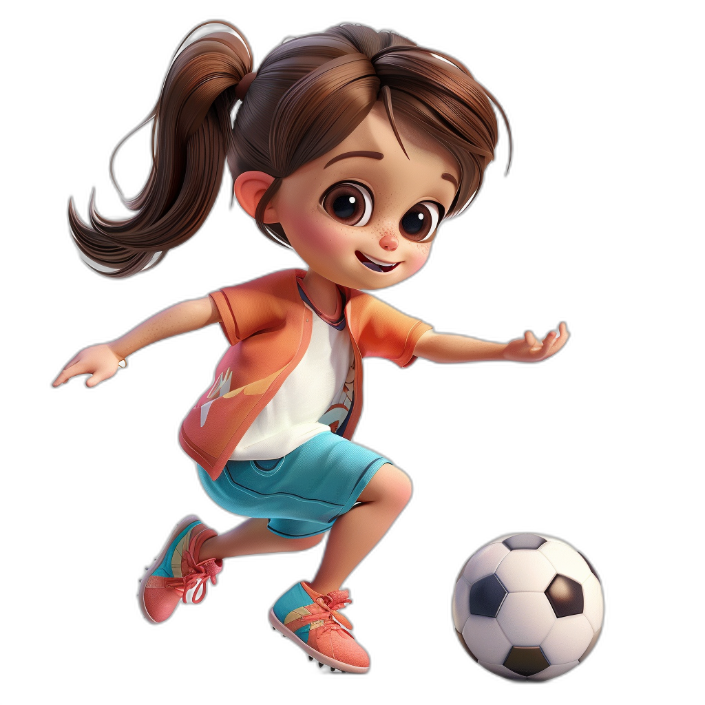 A cute little girl playing soccer in the style of cartoon style, 3D render, on a black background, wearing orange and blue shoes, in the style of Disney Pixar character, a cute young woman with brown hair in a ponytail hairstyle, white shirt, pink jacket, green skirt, big eyes, big smile, holding a ball under her arm while kicking it to the right side, pixal animation style, character design sheet, character concept art, 2D illustration.