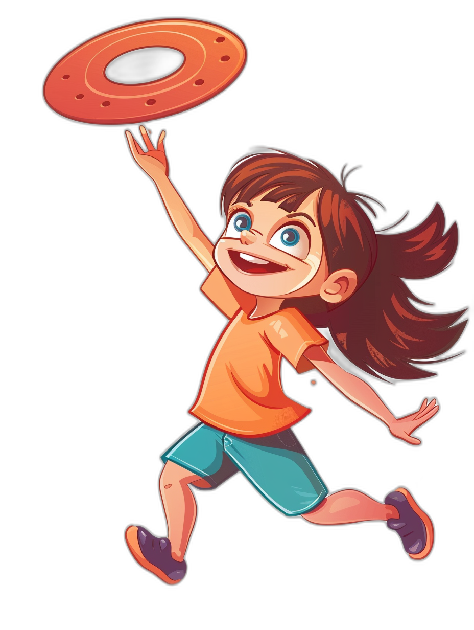 a cute happy girl playing frisbee, vector cartoon illustration with black background