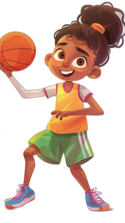 A cute little girl playing basketball, Disney style cartoon character design with black background and white border around the edges of her , wearing green shorts, yellow shirt, orange sneakers and holding an oversized ball in one hand while smiling at camera. She has dark brown skin color hair styled into two braids on top of head and is depicted as a full body illustration. Her shoes have pink laces. The colors used for his should be vibrant and eyecatching. He's smiling big to show off that he." Scotty" plays great basketballs! . His eyes sparkle like diamonds.