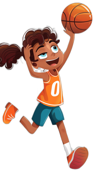 A cute little girl basketball player is jumping to dunk the ball in a cartoon style vector illustration with a black background. She has dark brown skin and curly hair in pigtails. She wears an orange tank top over blue shorts and white sneakers. The number "0" appears on her shirt above her chest.