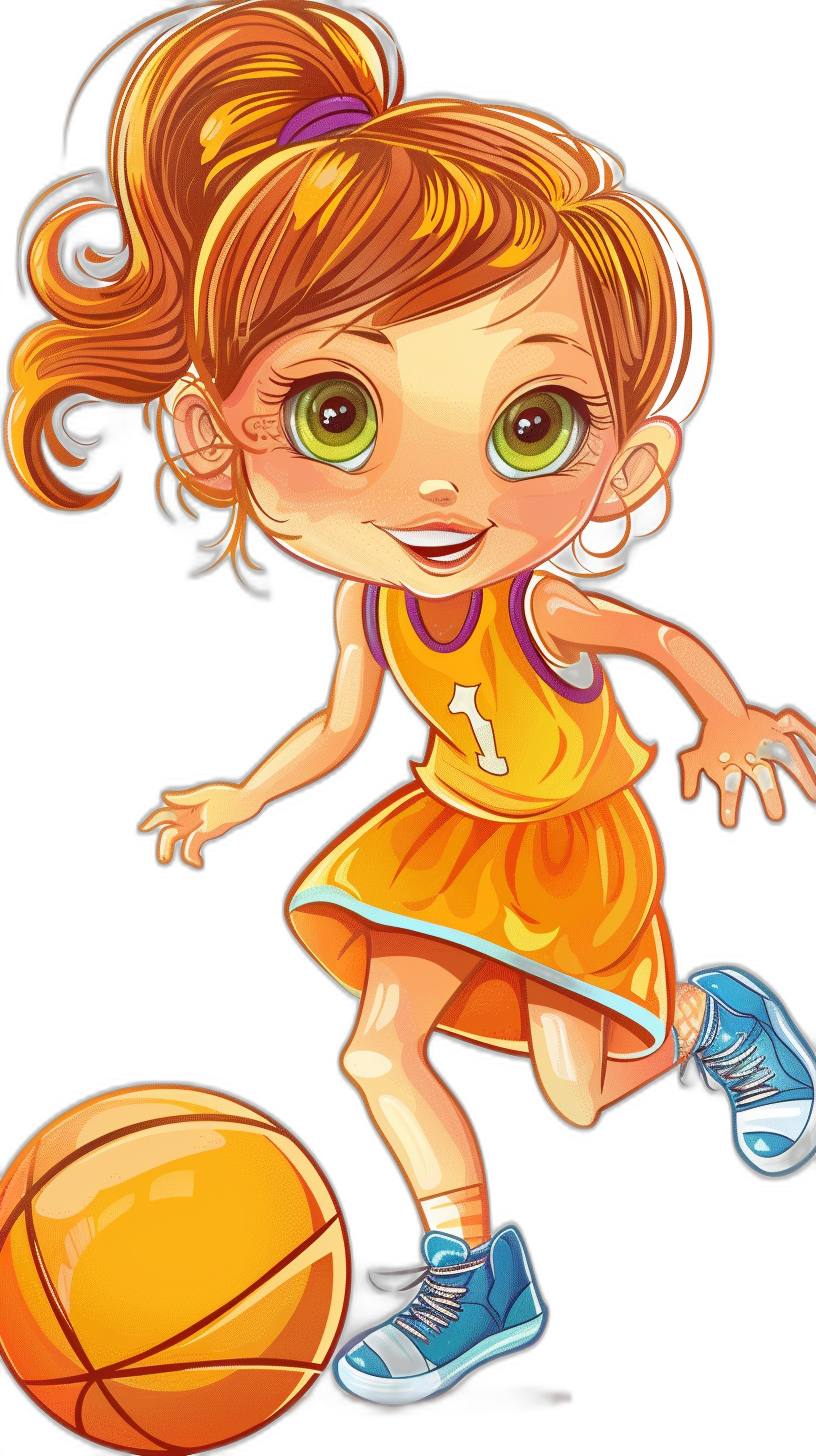 A little girl playing basketball in a cartoon style with colorful shoes on a black background. She has big eyes, cute hair in a ponytail on the side of her head, and is holding a ball in one hand with a smiling expression. The illustration is high definition resolution.