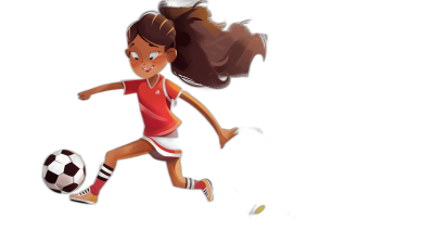 A girl soccer player in cartoon style against a black background, character sheet for a children's book illustration of an adorable little girl with long brown hair in pigtails playing soccer while wearing a red and white kit, kicking the ball away from her goal in the style of an illustration.