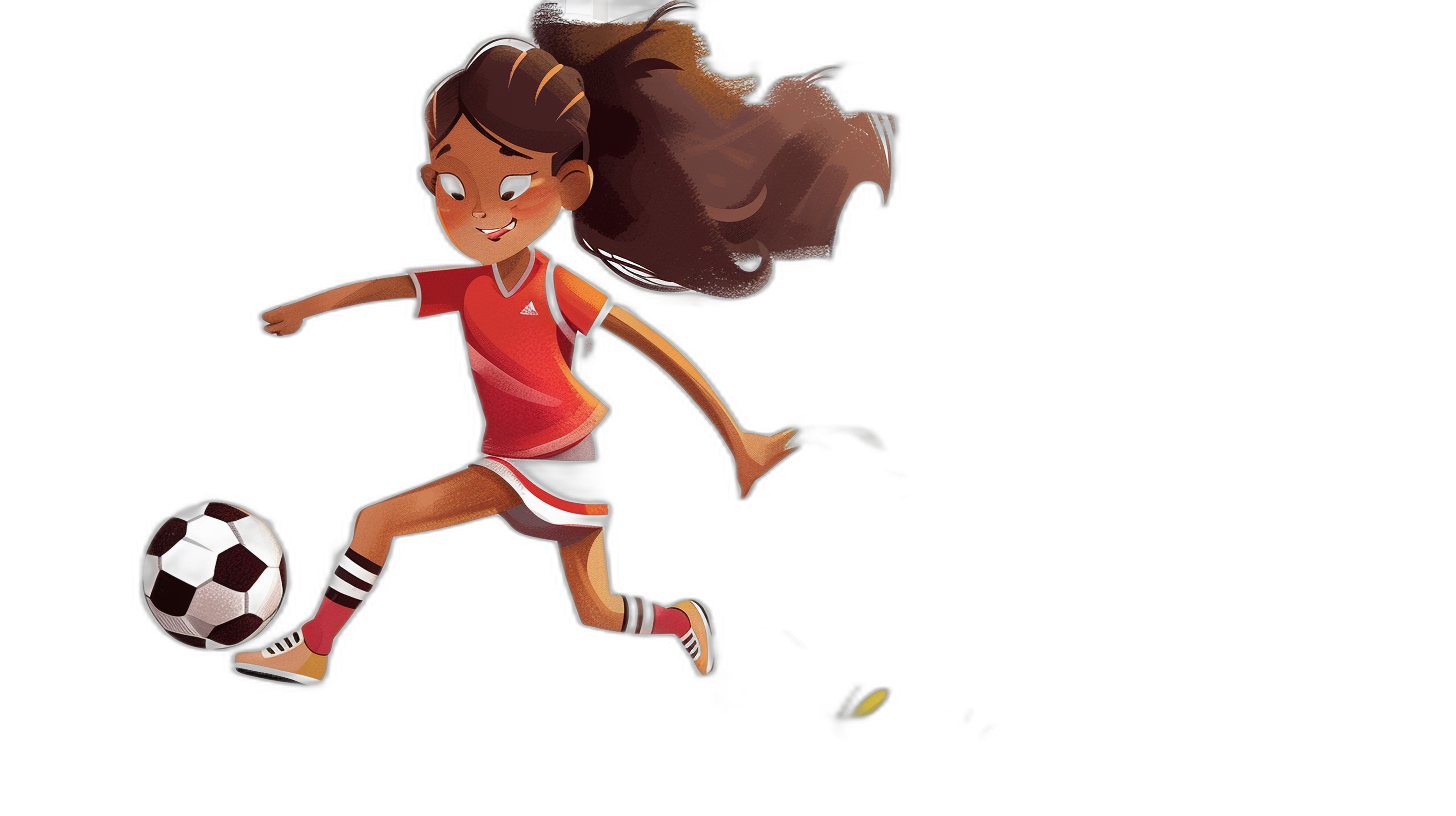 A girl soccer player in cartoon style against a black background, character sheet for a children’s book illustration of an adorable little girl with long brown hair in pigtails playing soccer while wearing a red and white kit, kicking the ball away from her goal in the style of an illustration.